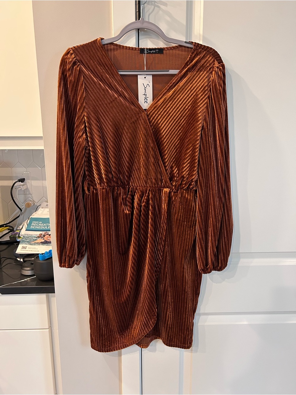 NWT Simplee Copper Bronze Ribbed Velvet Dress Long Sleeve Stretch Midi Cocktail